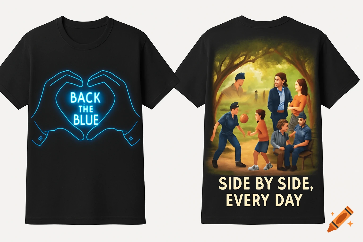 Black t-shirt with a blue neon heart graphic on the front that says "Back the Blue." The back has an illustration of police officers and civilians in a park with the text "Side by Side, Every Day."