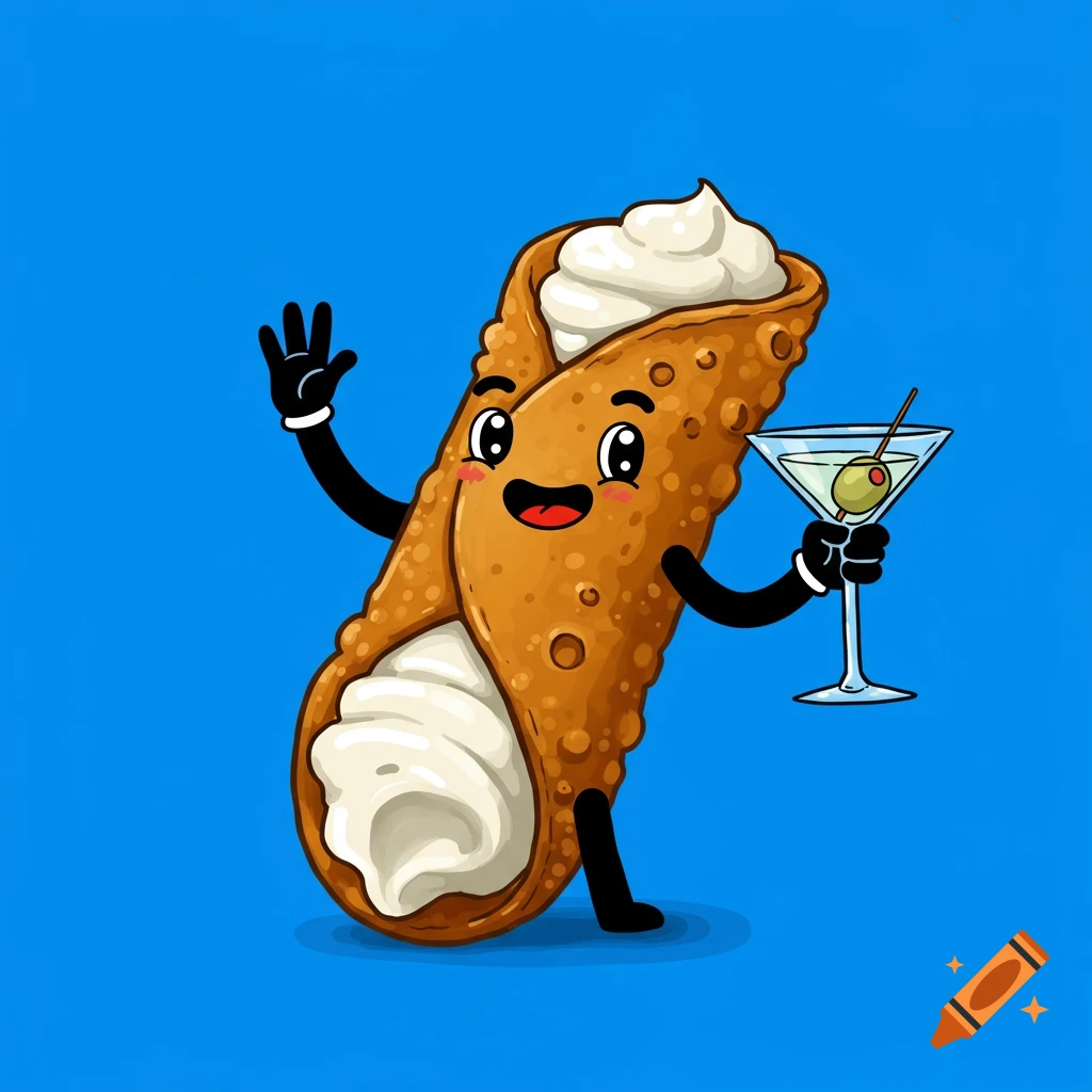 A cartoon cannoli waving while holding a martini glass on a blue background.