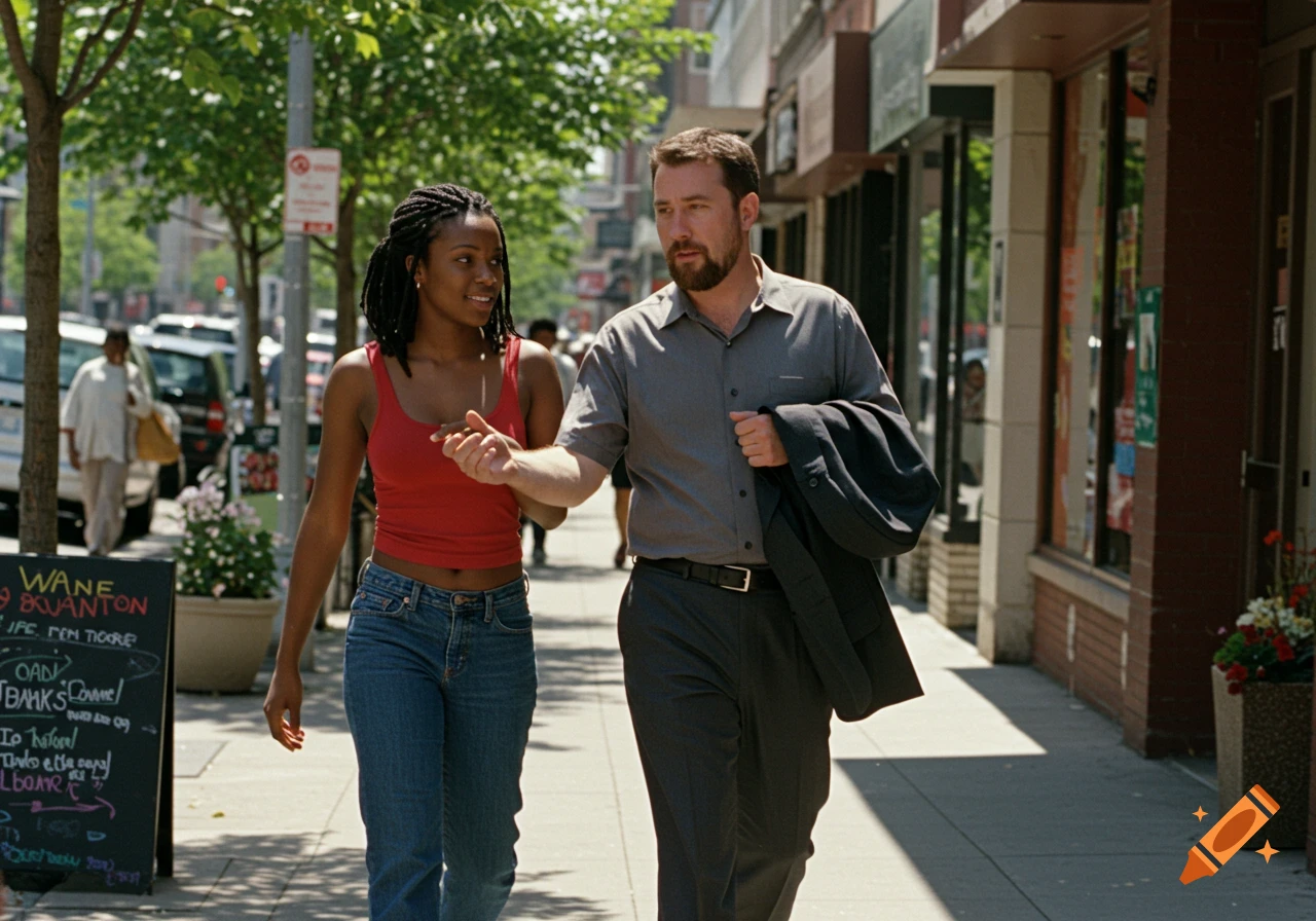 A man holding a jacket walks past a woman on a city sidewalk in broad daylight. Photorealistic style.