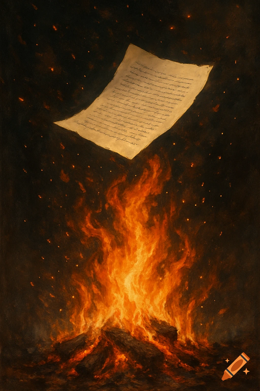 Paper with scribbled text floating above a bonfire with embers.