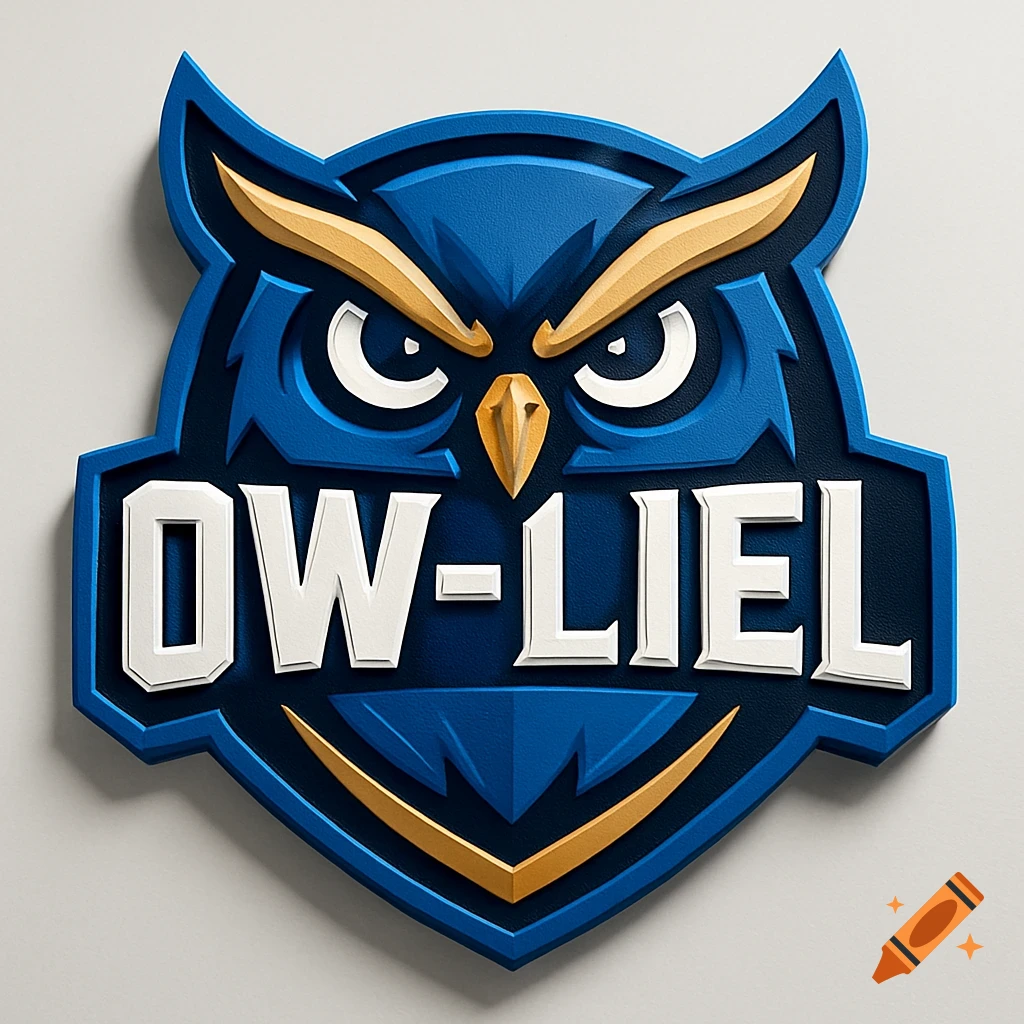 3D blue and gold owl sports logo with the name OW-LIEL