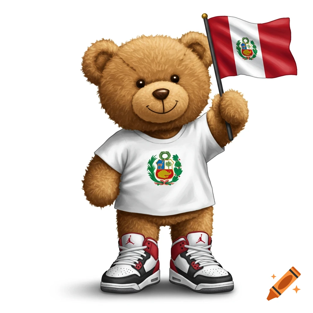 Teddy bear holds Peruvian flag, wears white shirt with coat of arms and sneakers.