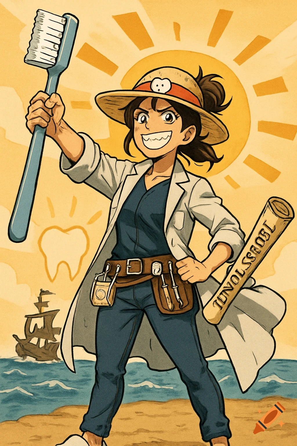 Anime-style character like Luffy holds a giant toothbrush as a sword, wearing a straw hat and lab coat with dental tools. A pirate ship and molar sun are behind her.