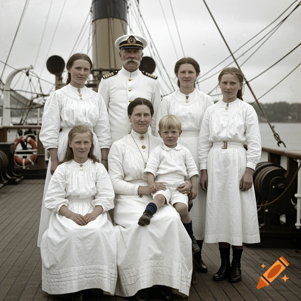 Historical family portrait on a ship deck