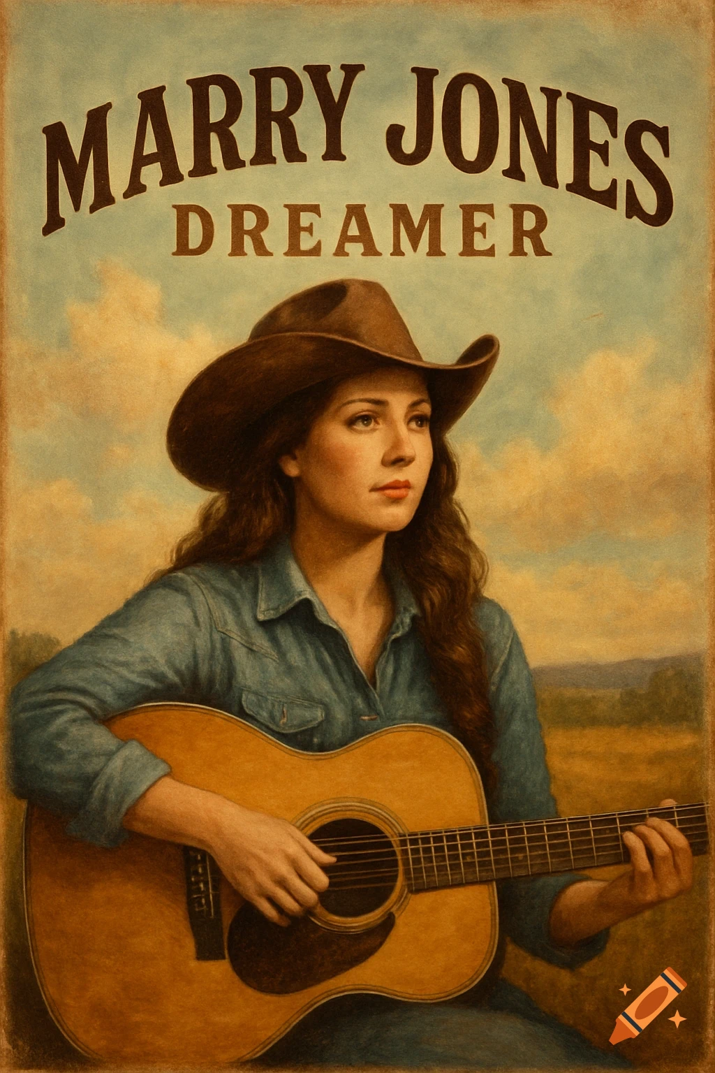 Painted portrait of a woman in a cowboy hat playing an acoustic guitar, text 'MARRY JONES DREAMER' above.