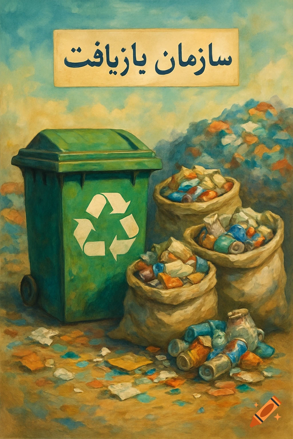 Painting of a green recycling bin next to bags of trash, with text on a banner above.