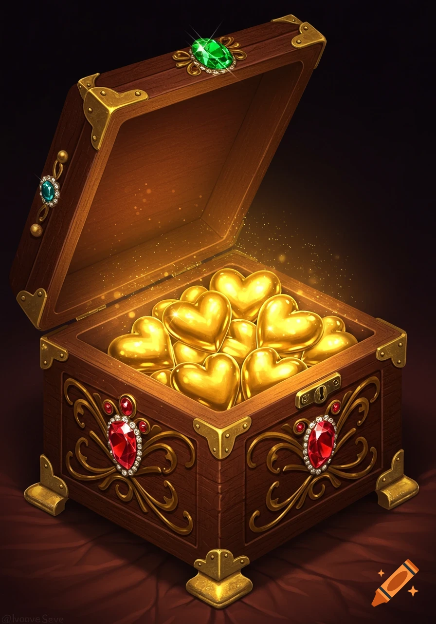 An open jeweled wooden chest filled with glowing golden hearts.