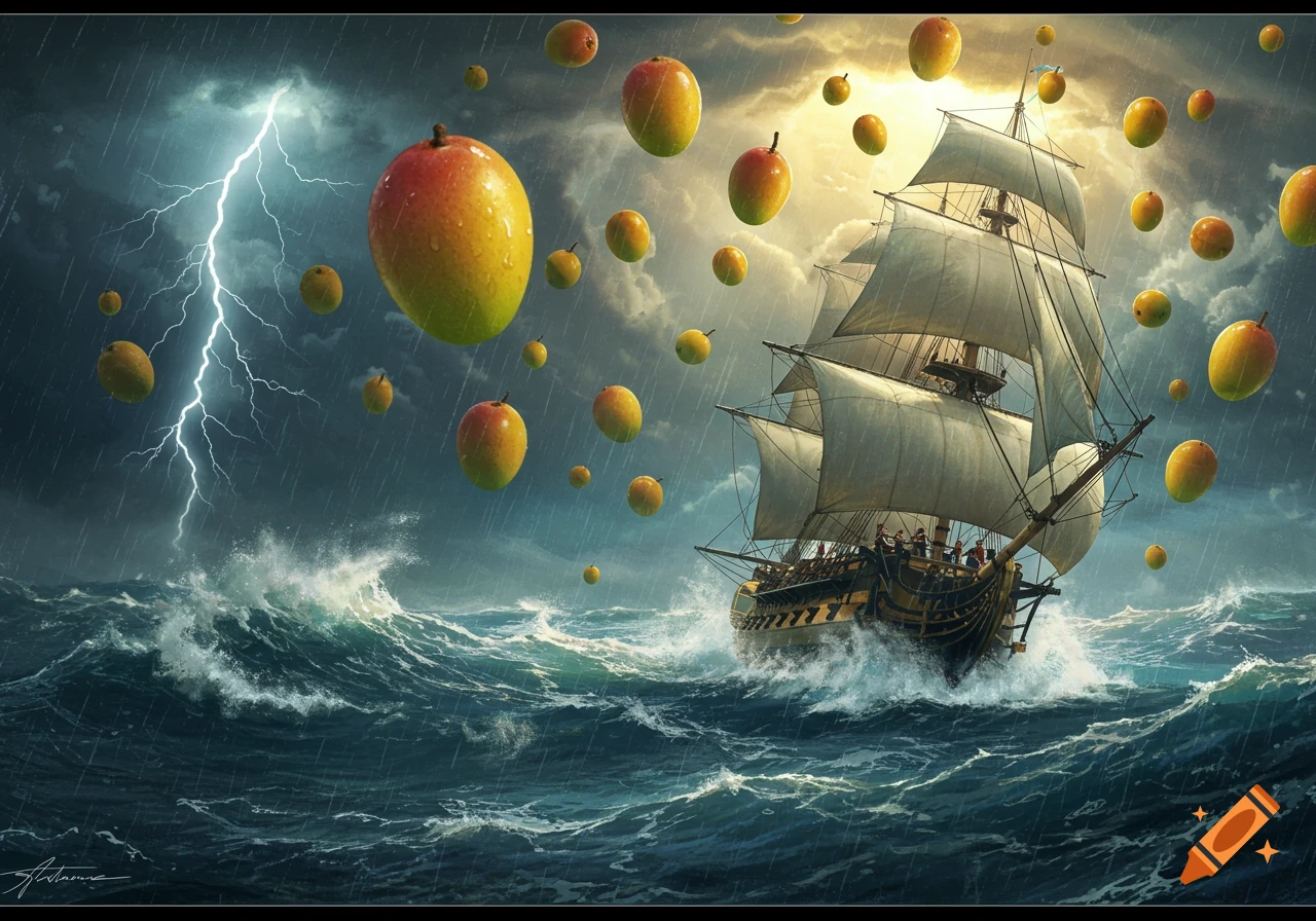 A ship sails through a stormy sea with lightning as mangos rain from the sky.