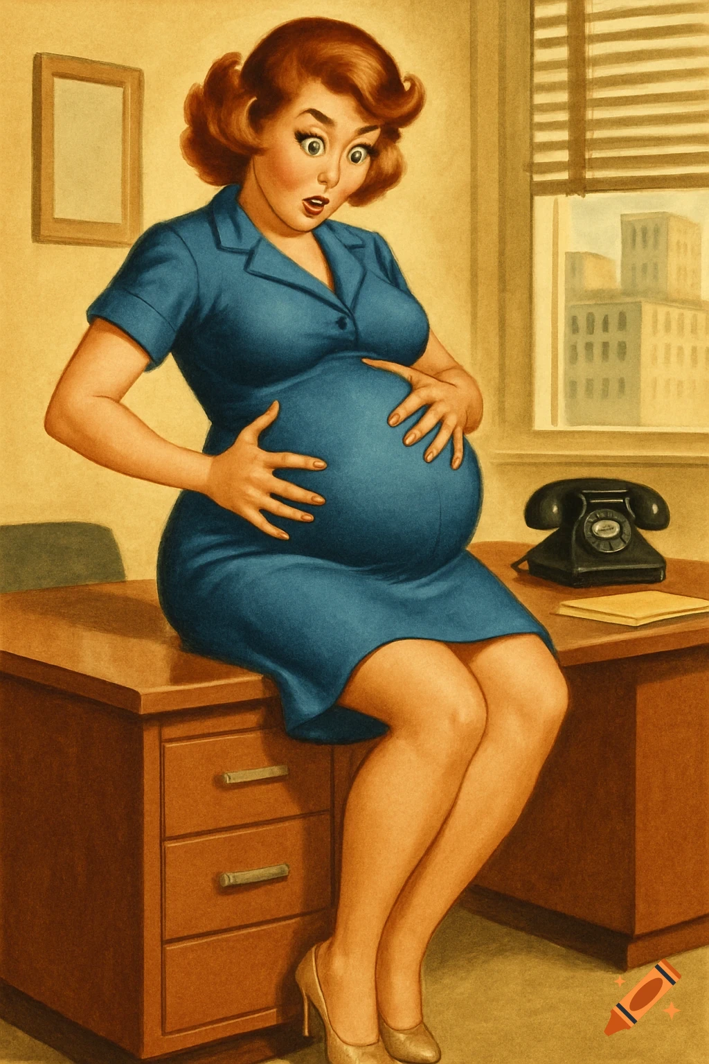 Retro illustration of a pregnant woman in a blue dress sitting on an office desk, looking surprised.