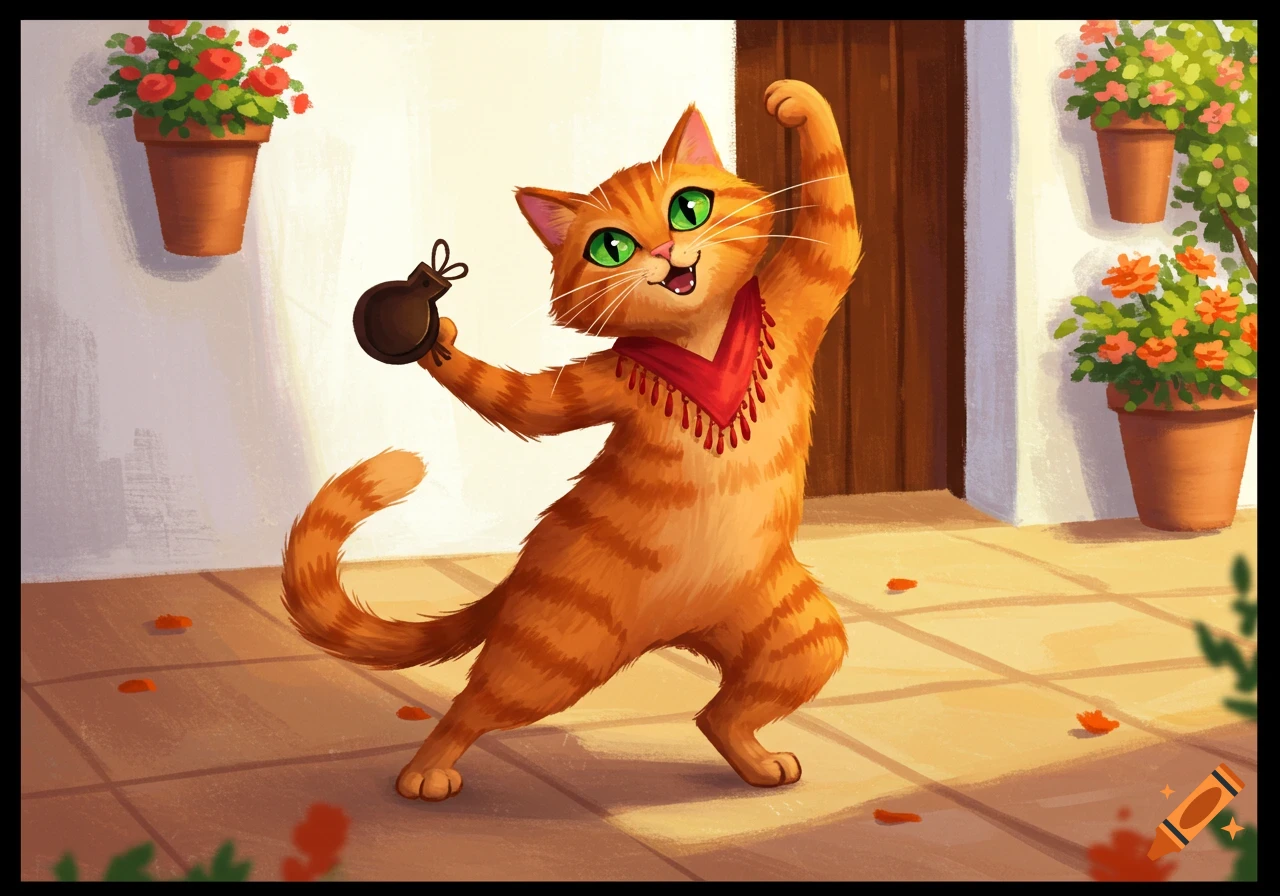 An orange cartoon cat dances flamenco with castanets in a sunny courtyard.