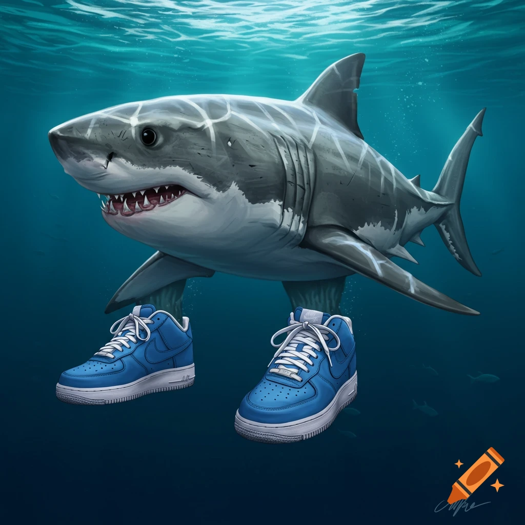 An illustration of a shark underwater wearing blue sneakers.