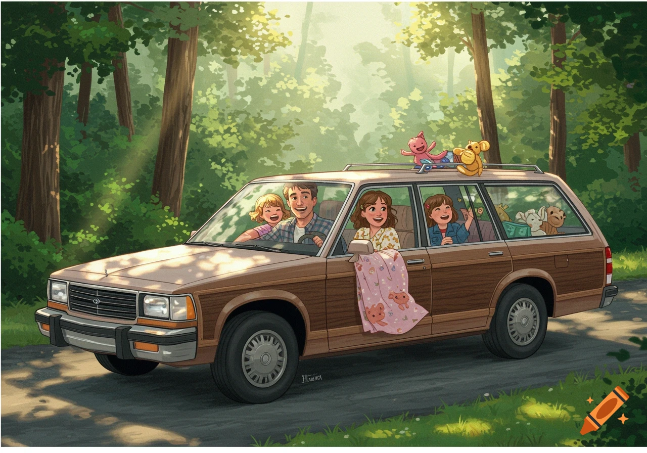 Illustration of a family driving in a station wagon through a sunny forest.