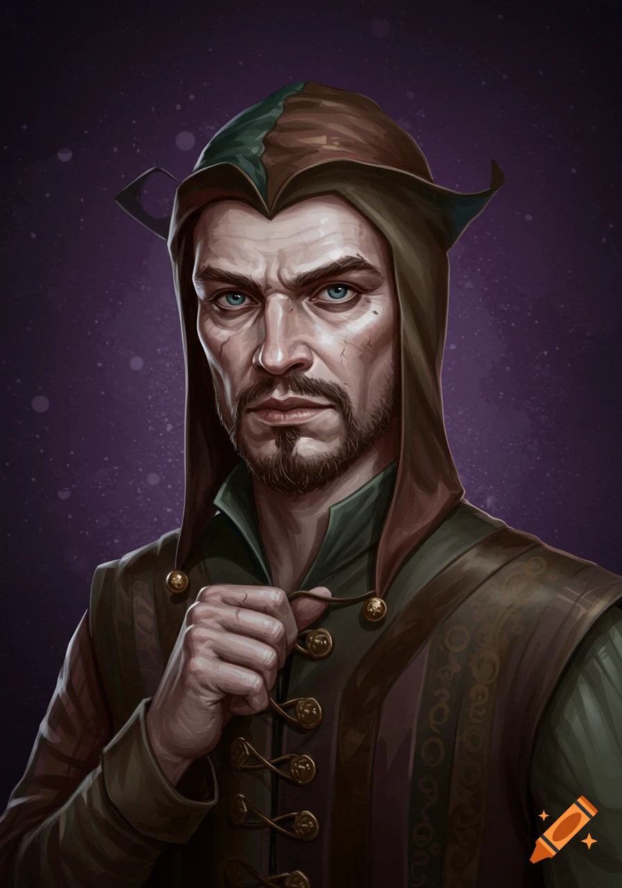 Portrait of a stern man dressed as a jester in a hooded tunic and patterned vest.