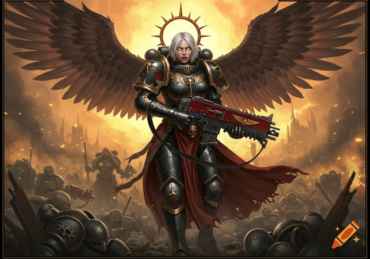 A woman in futuristic black armor with wings stands on a battlefield holding a rifle, digital painting.