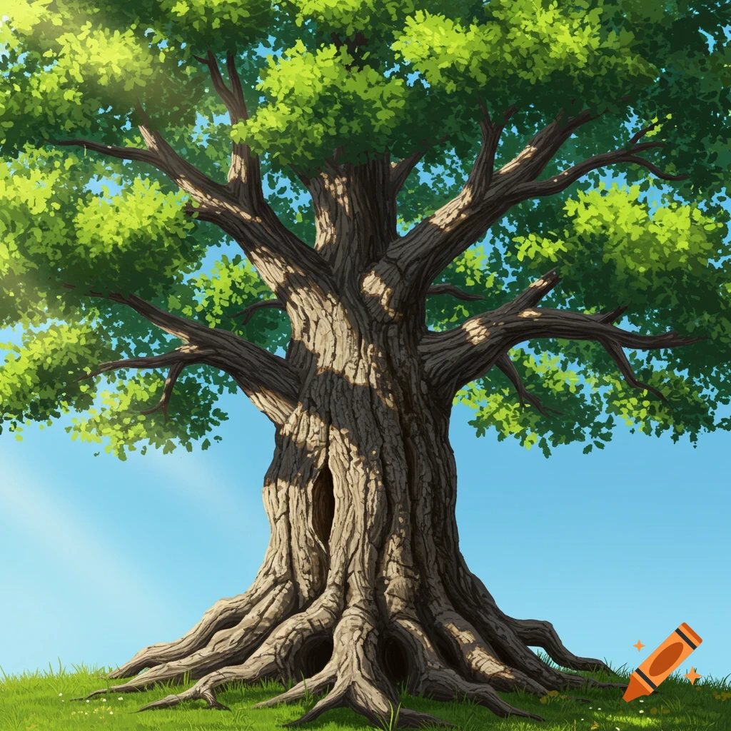 Illustration of a large, old tree with green leaves and thick roots on a grassy hill against a blue sky.