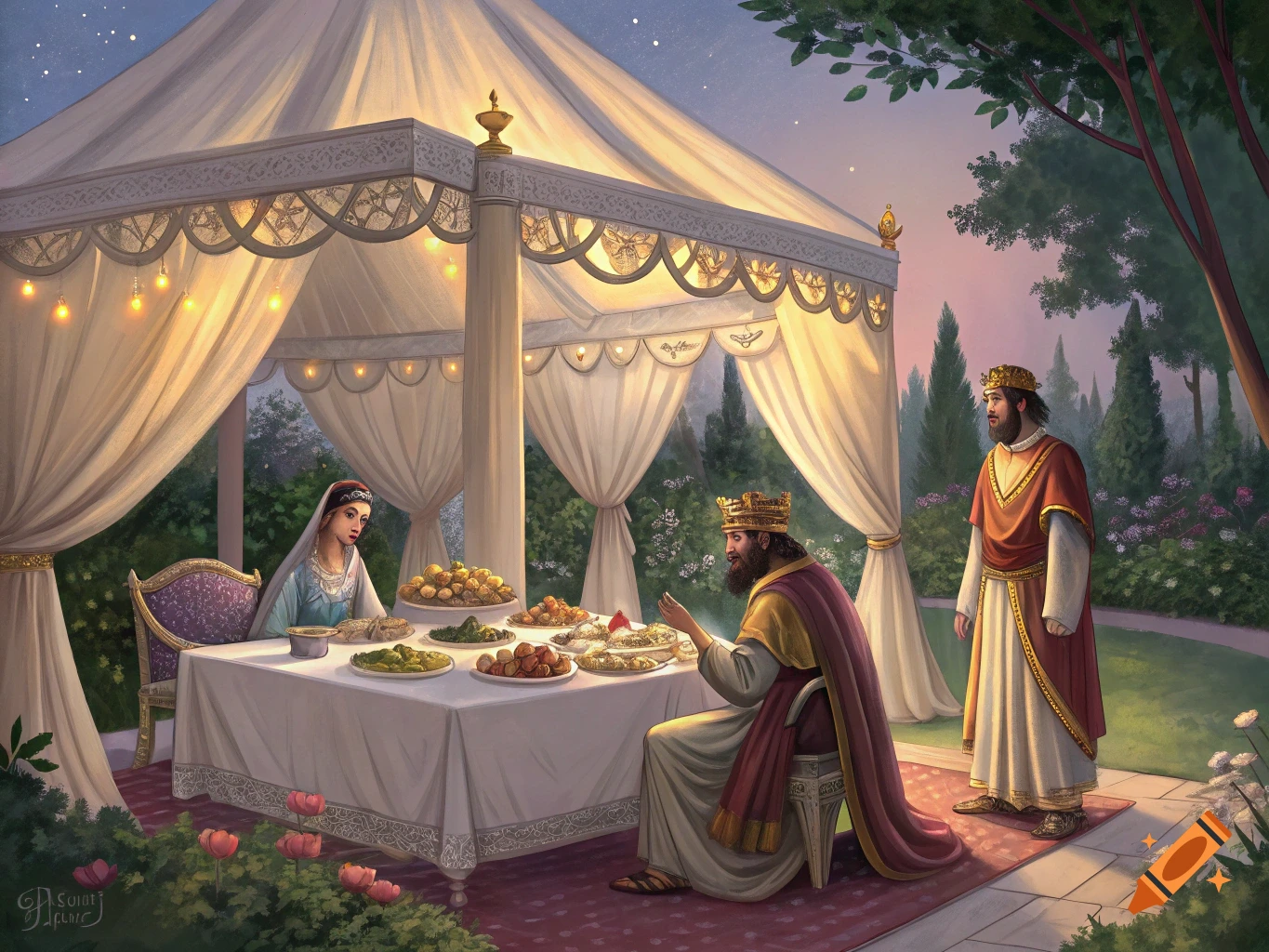 Painting of a king, woman, and man having a grand feast under a tent outdoors at night.