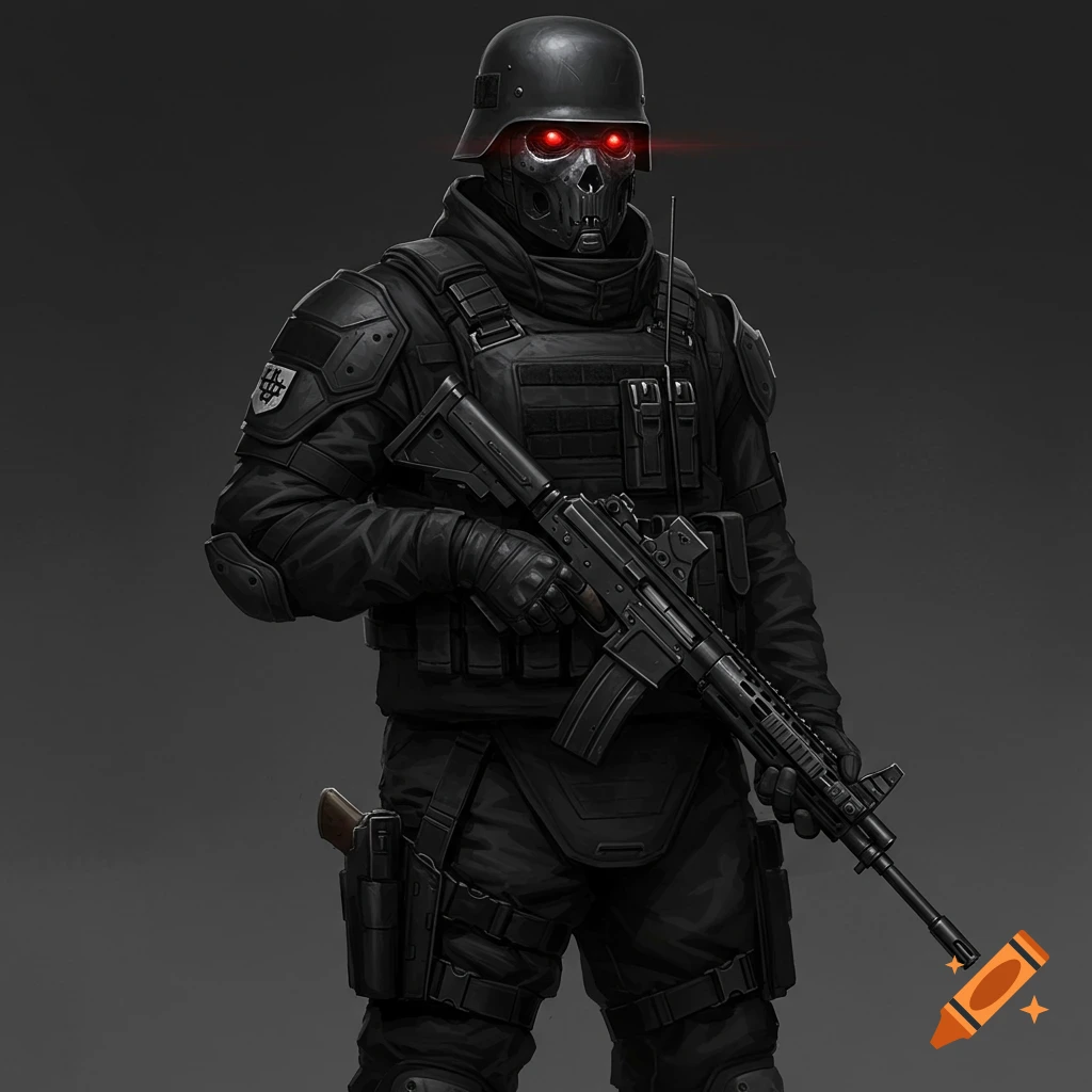 Digital art of a soldier in black tactical gear with skull mask and ...