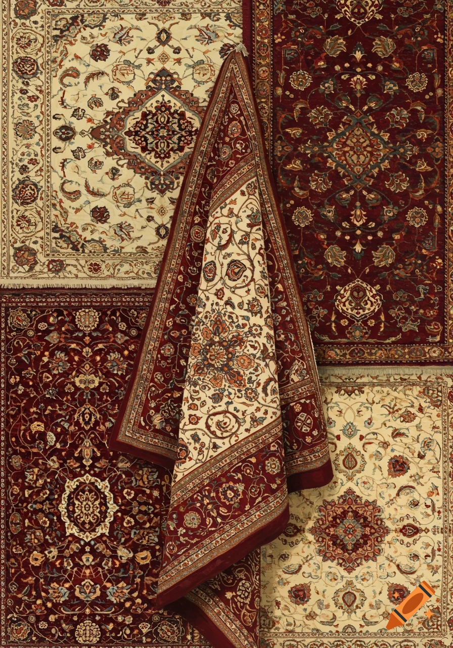 Layered Persian carpets with intricate cream and maroon patterns