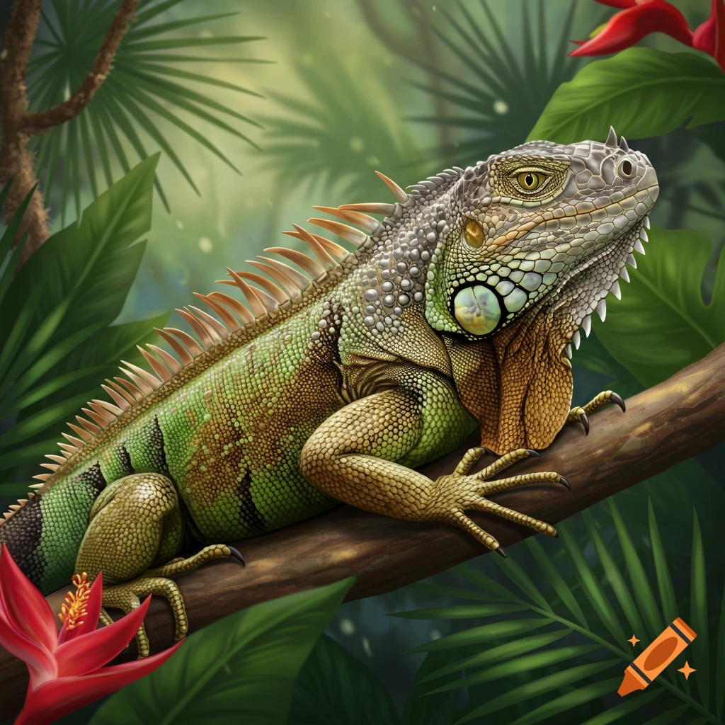 A realistic green and brown iguana sits perched on a tree branch in a lush jungle setting.