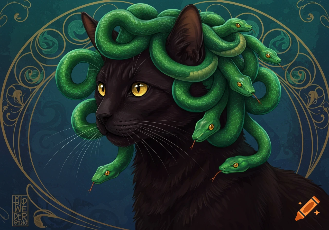 A black cat with green snakes for hair, like Medusa, in a fantasy illustration.