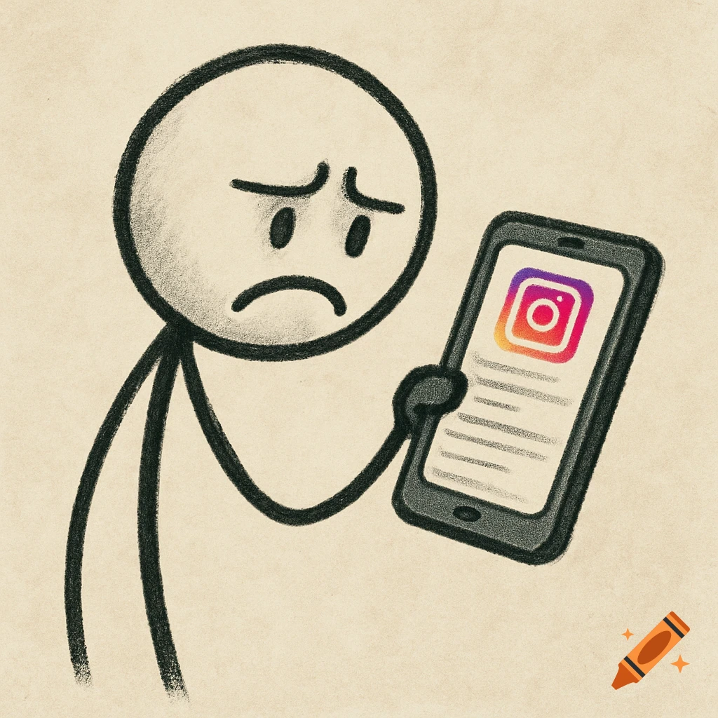 Sad stick figure looks at Instagram on a phone, drawn in a sketch style.