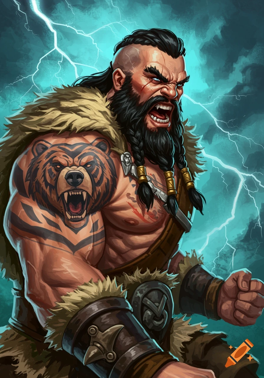 Fantasy illustration of an angry barbarian with a bear tattoo, braided hair, and beard standing in lightning.