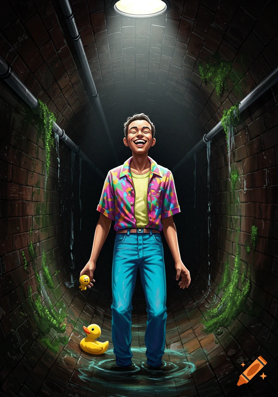 Illustration of a happy man in a sewer holding a small rubber duck, with a larger one beside him.
