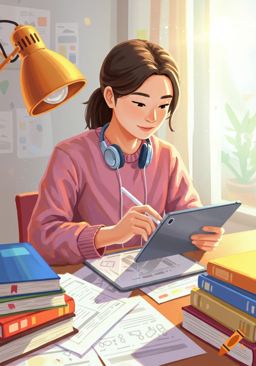 Illustration of a student working on a tablet at a desk full of books and papers, illuminated by sunlight.
