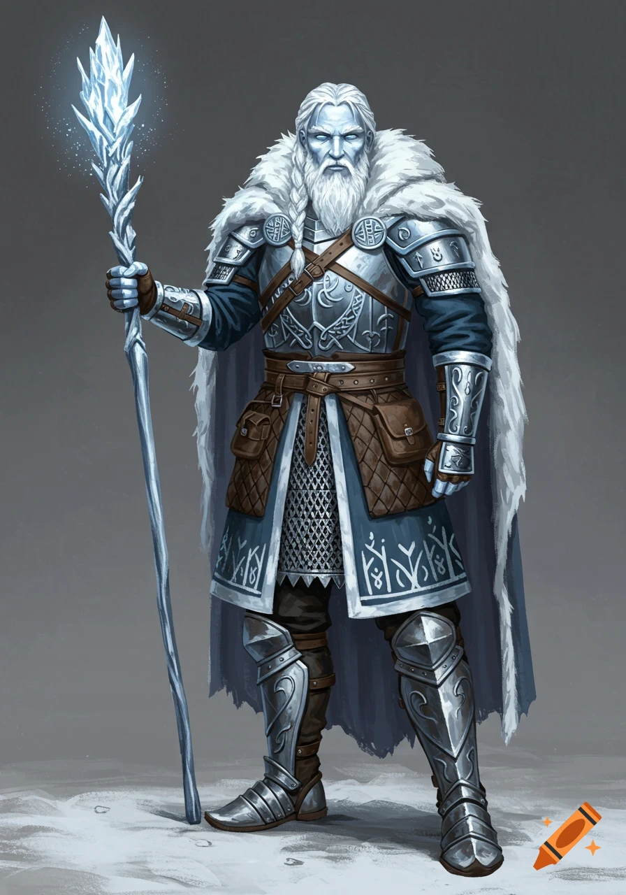 Fantasy ice mage in armor and fur cape holding a glowing staff.