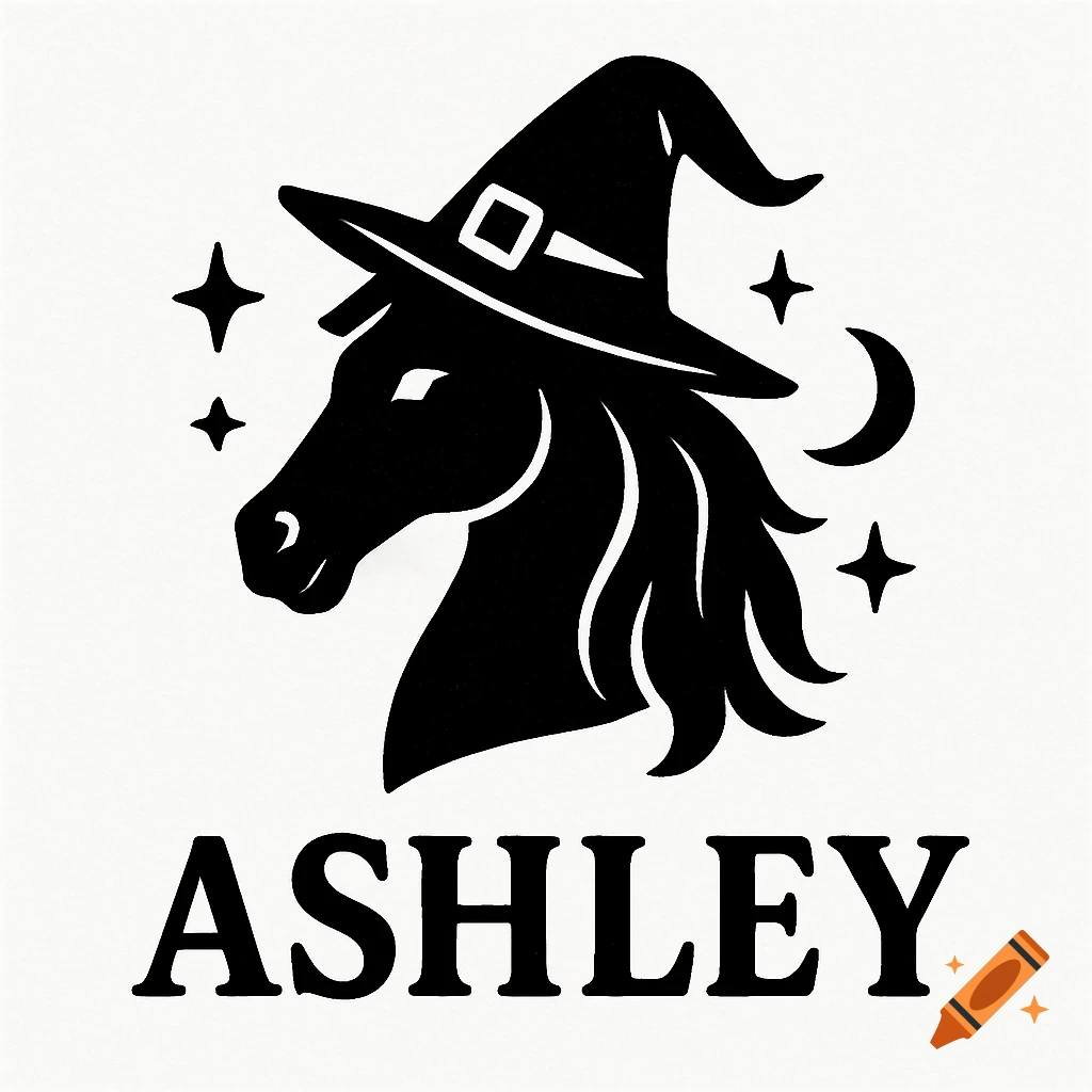 Black and white logo of a horse head in a witch hat with stars and moon, and the name ASHLEY below.