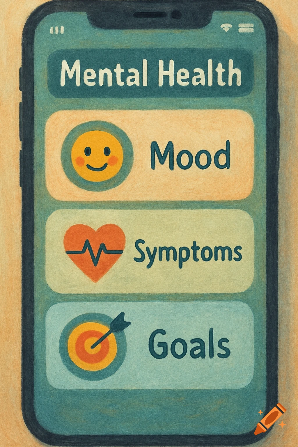 A smartphone displays a mental health app interface with sections for Mental Health, Mood, Symptoms, and Goals. The image has a textured digital drawing style.