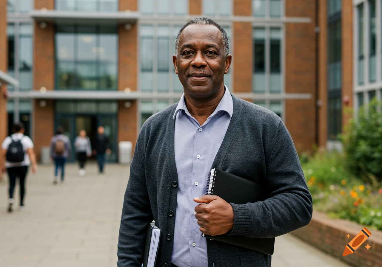 Middle-aged Black man holding notebooks stands outside a modern college building.