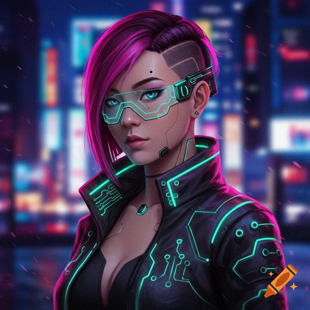 Cyberpunk woman with pink hair, glowing glasses, and circuit patterns in a neon city.