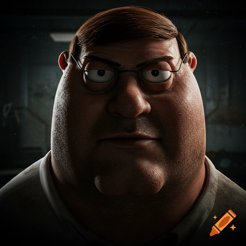 Hyper-realistic close-up portrait of Peter Griffin with half face in shadow