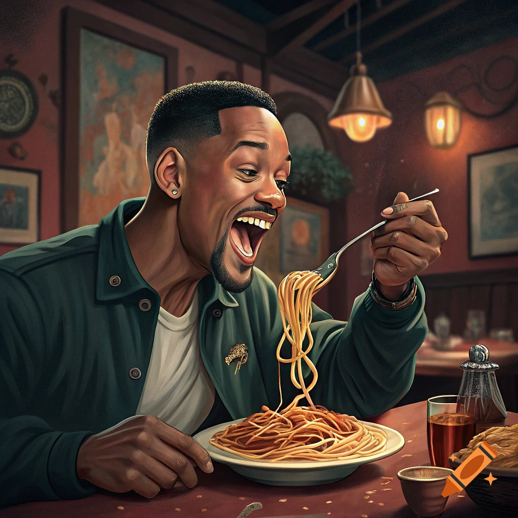 Man resembling Will Smith happily eating spaghetti in a restaurant.