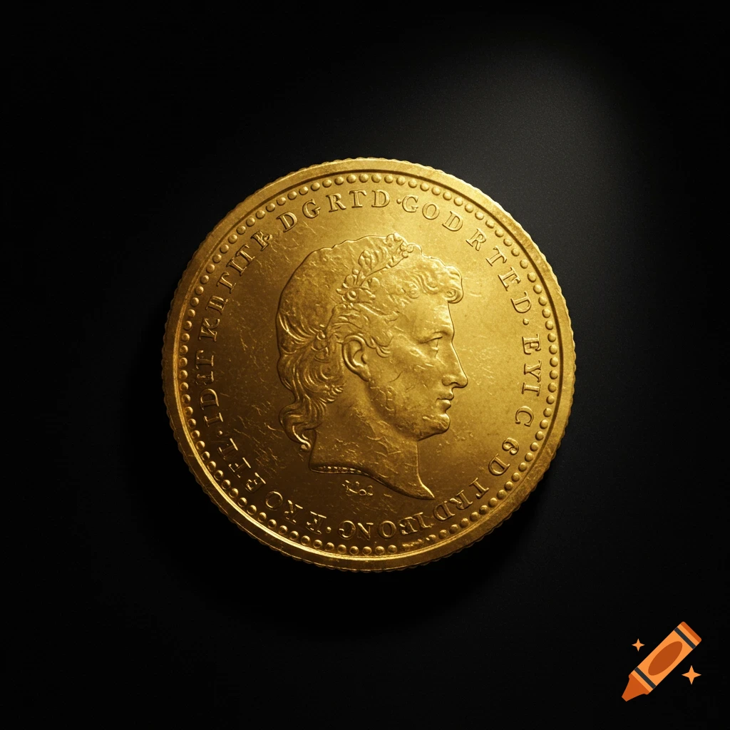 A detailed gold coin with a profile head on a black background