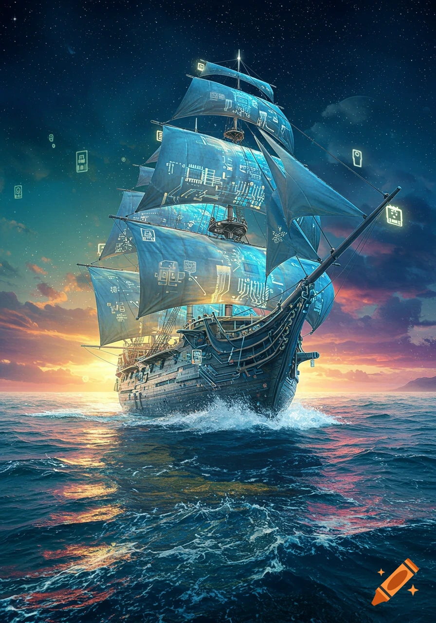 A sailing ship with circuit-patterned sails on a tech sea under a starry sky at sunset.
