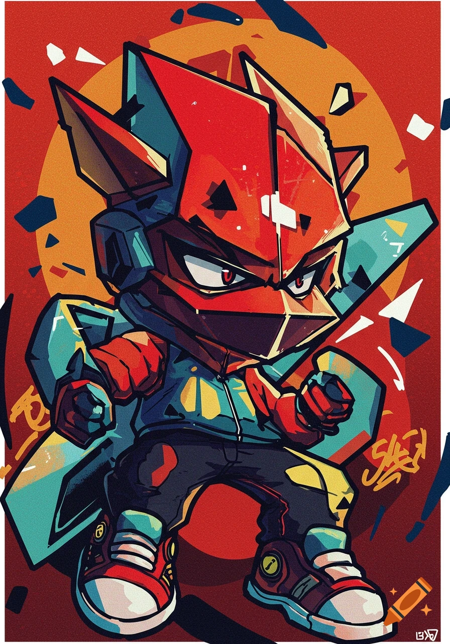 Stylized graphic art of a red and blue character