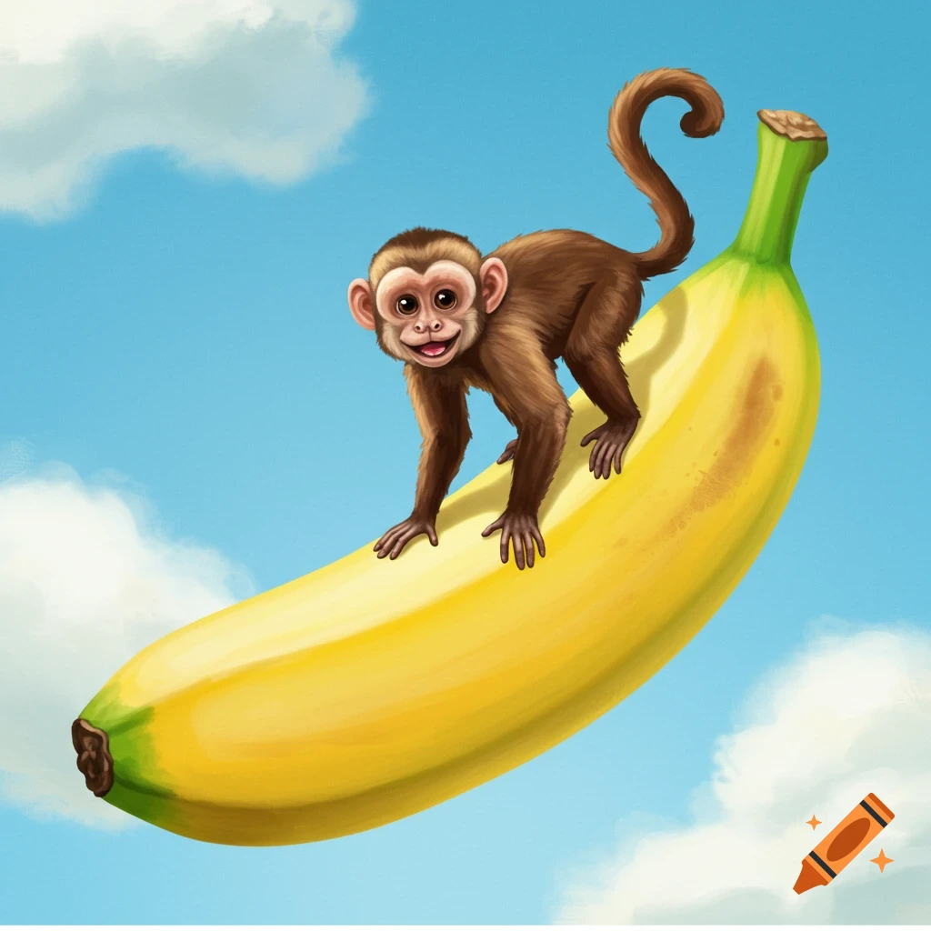 Cartoon illustration of a small monkey riding a huge banana in the sky.