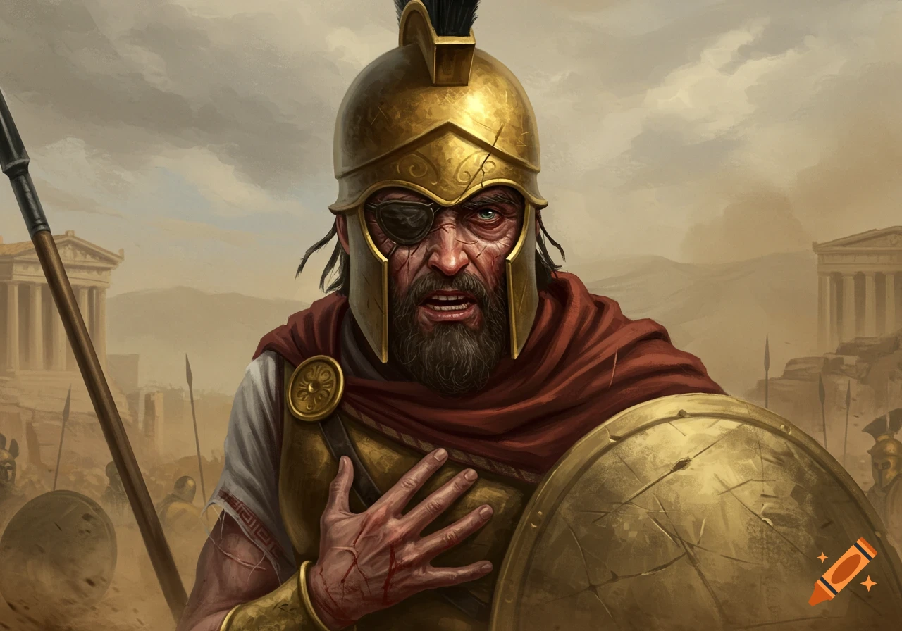 A blinded Greek soldier with an eyepatch, scars, armor, shield, and spear stands on a battlefield with ruins.
