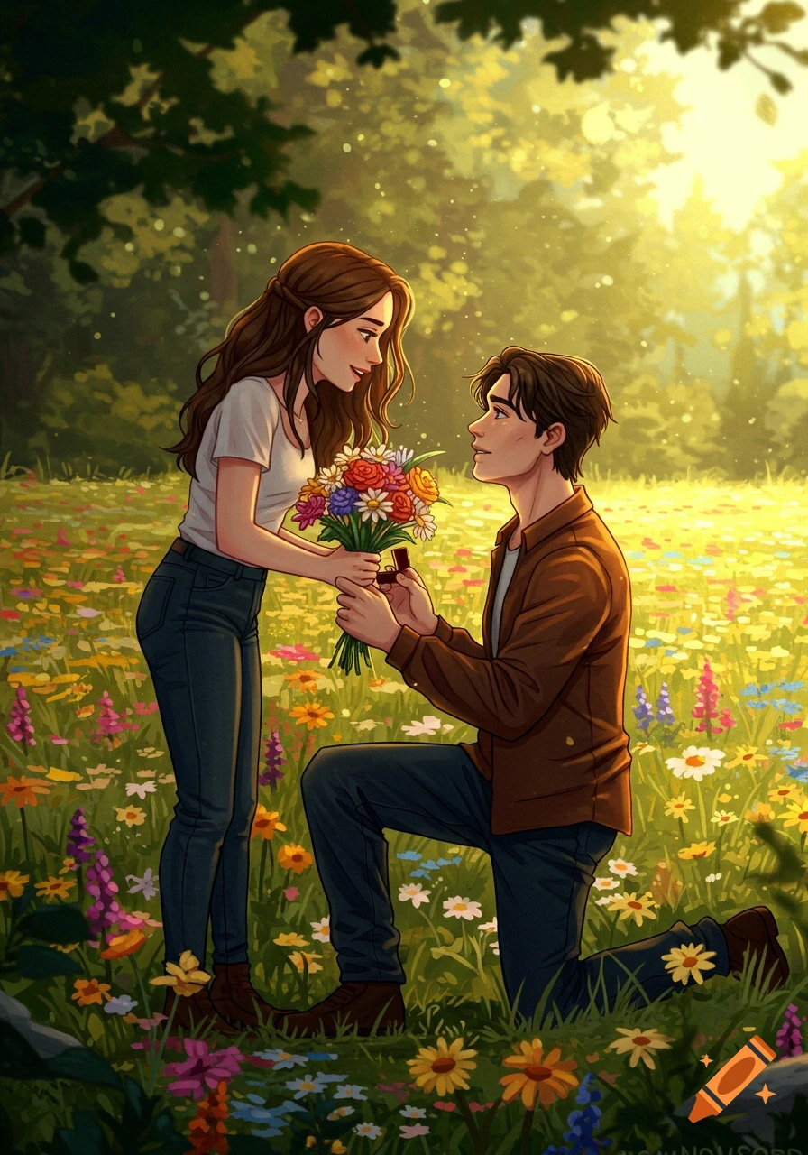 An illustration of a man on one knee proposing to a woman in a field of flowers.