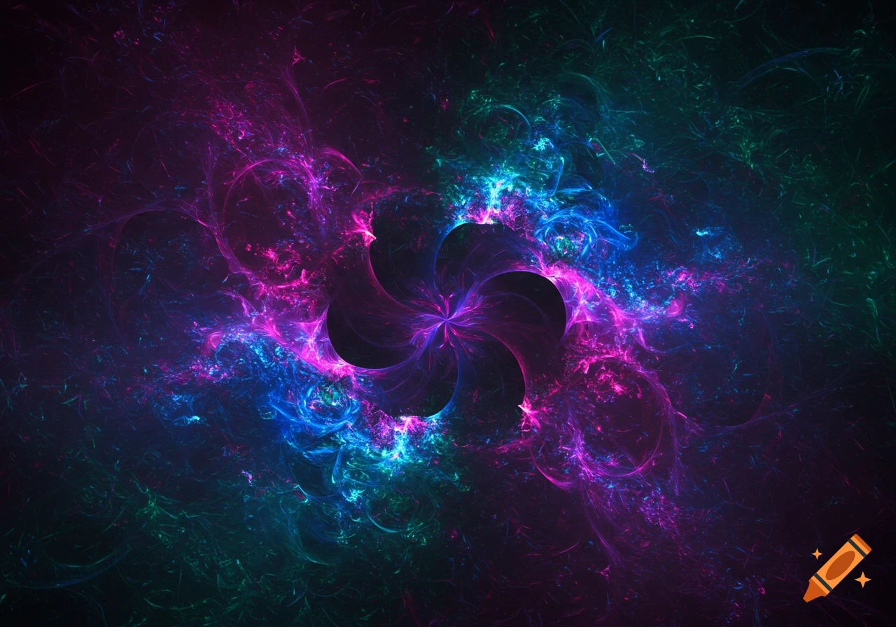 An abstract fractal pattern with swirling neon pink, blue, and green light against a dark background.