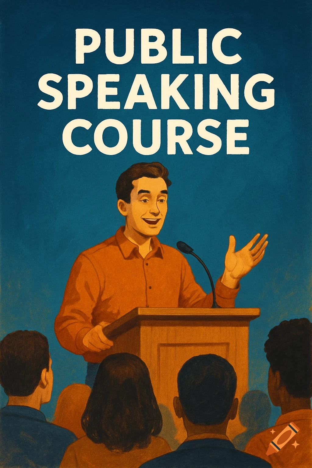 Illustration of a man speaking at a podium to an audience, with text PUBLIC SPEAKING COURSE.
