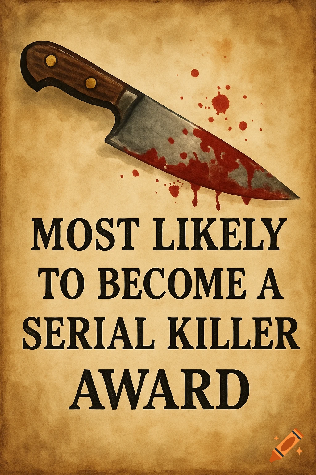 Illustration of a bloody knife on aged paper with text 'MOST LIKELY TO BECOME A SERIAL KILLER AWARD'.
