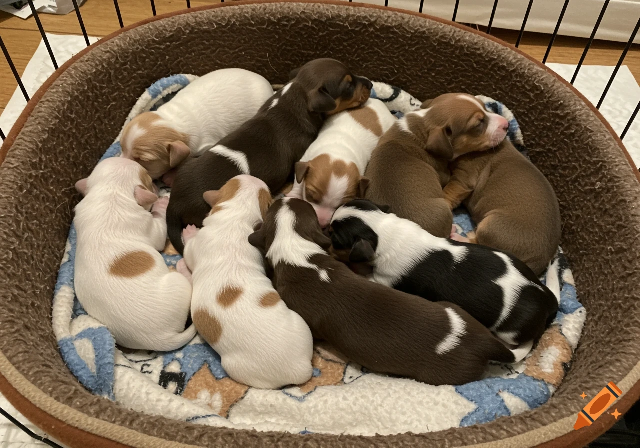 Group of newborn puppies sleeping together in a brown dog bed.