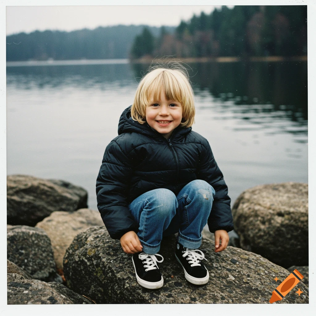 A young boy with blonde hair sits smiling on rocks by a lake in a 1990s polaroid photo style.