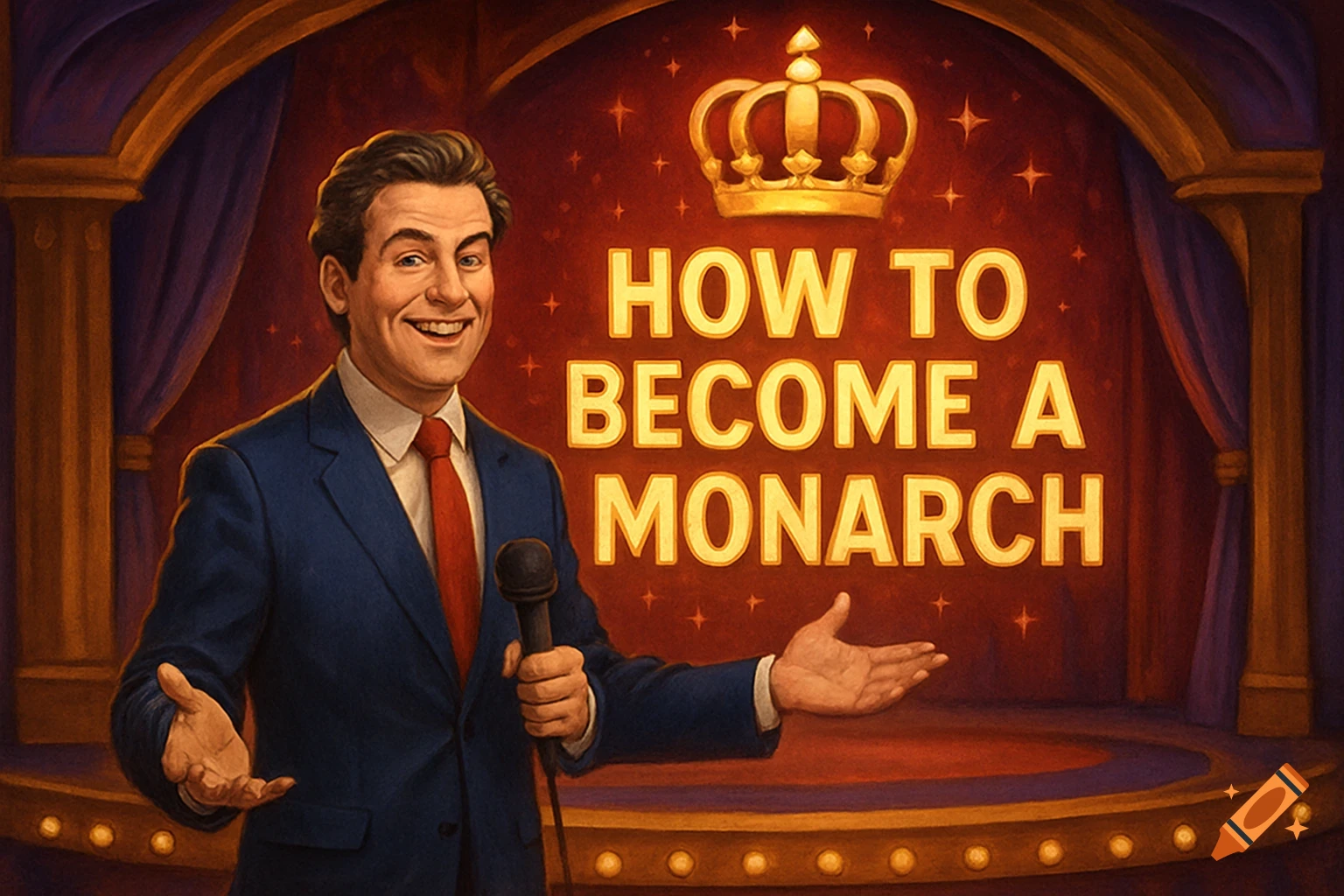 A man in a suit stands on a stage with a microphone, gesturing towards a title card that reads "HOW TO BECOME A MONARCH" below a crown.