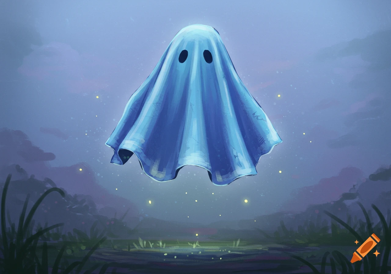 A blue sheet ghost floats over a misty landscape at dusk.