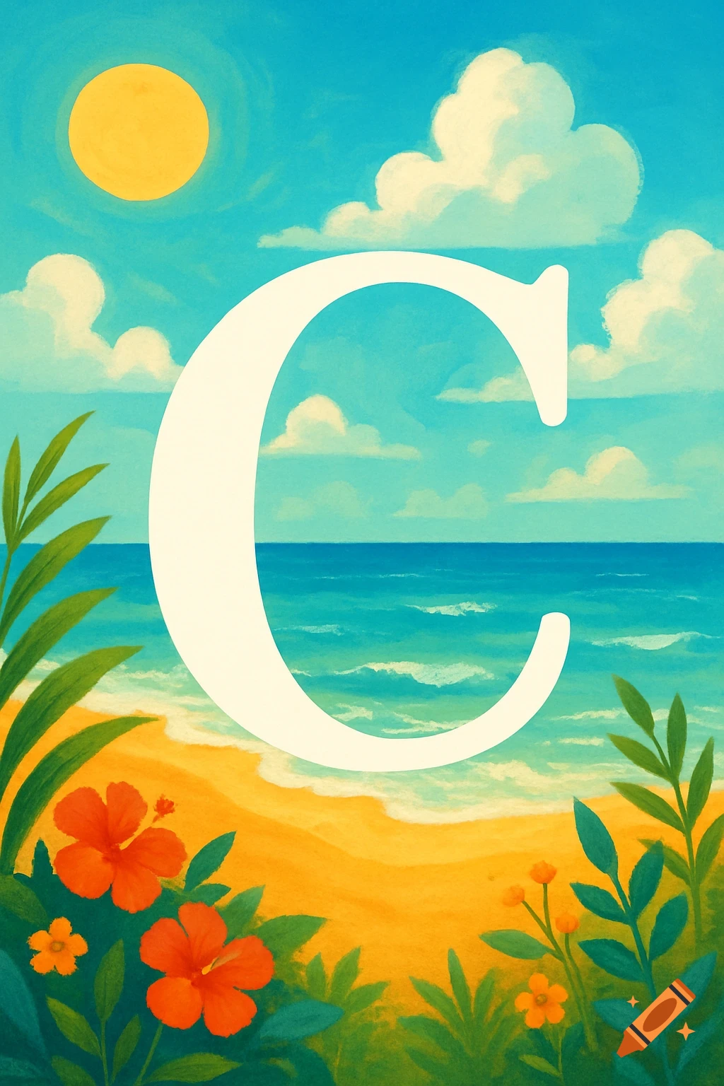 A large letter C centered on a colorful summer beach scene with tropical plants, ocean, and sun, in an illustration style.