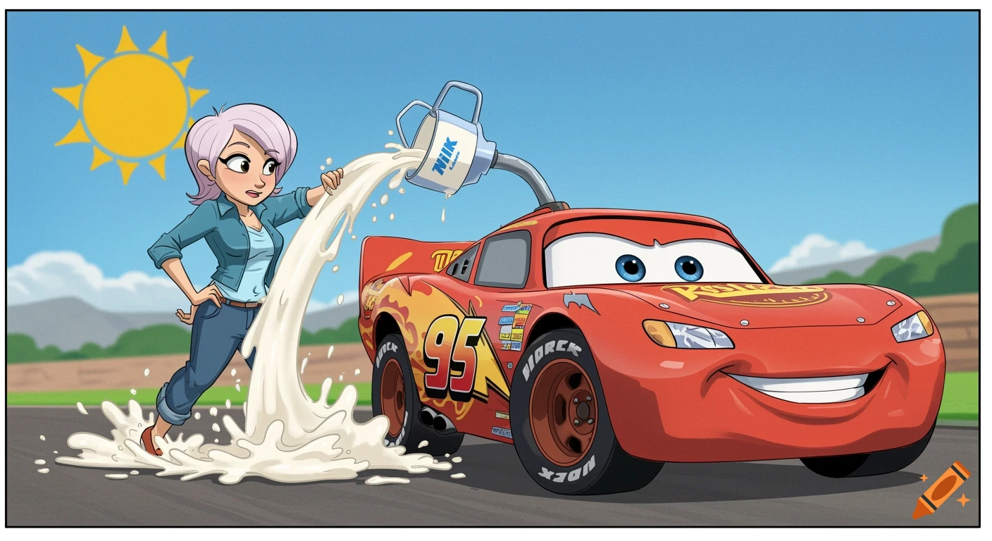 Cartoon of Lightning McQueen with a woman pouring milk on him.